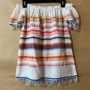 Lemlem | Off The Shoulder Stripe Top Popover Blouse Fringe Trim Size S